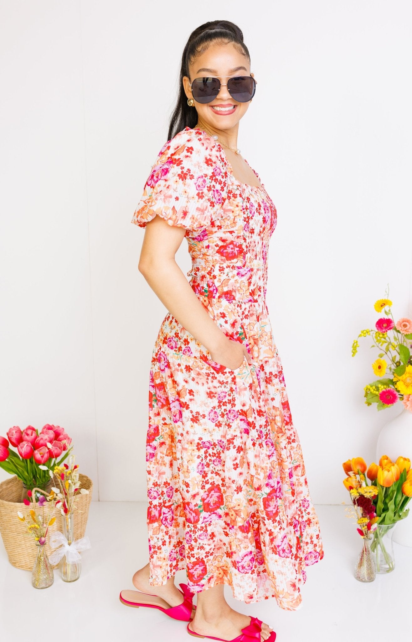THML: Honeydew Tiered Floral Dress, WHITE - HerringStones